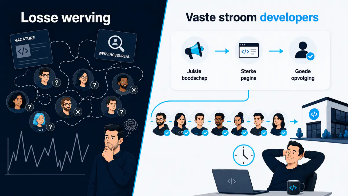 Links losse werving met verspreide vacatures en bureaus; rechts een vaste stroom via de juiste boodschap, een sterke pagina en goede opvolging.