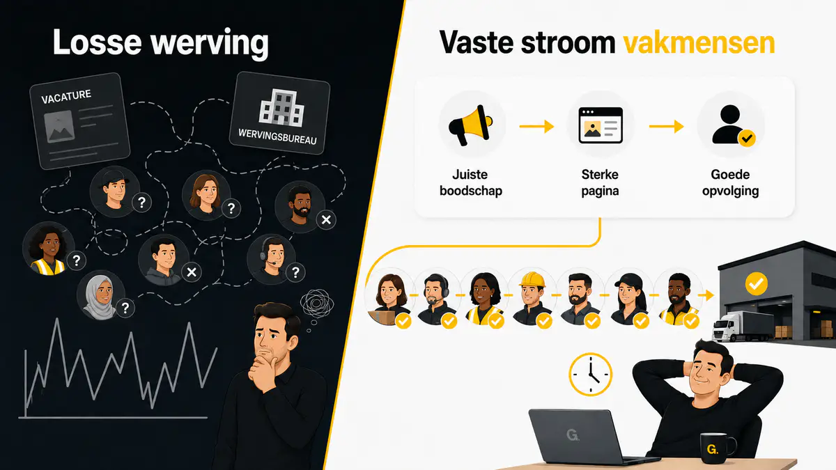 Links losse werving met verspreide vacatures en bureaus; rechts een vaste stroom via de juiste boodschap, een sterke pagina en goede opvolging.