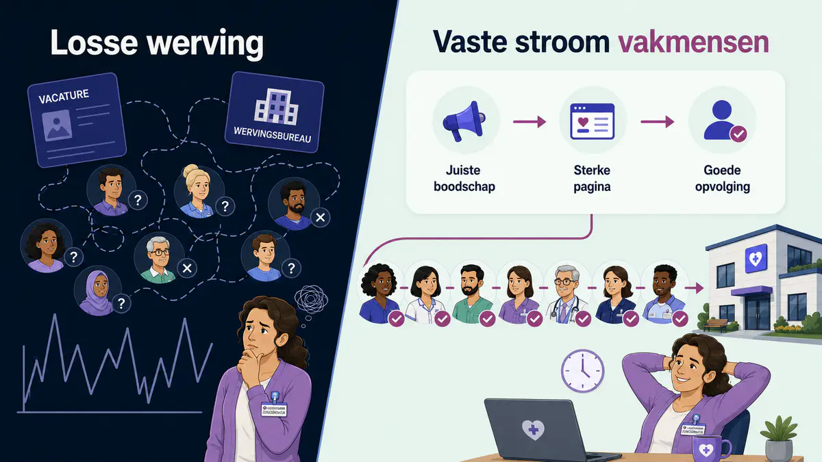 Links losse werving met verspreide vacatures en bureaus; rechts een vaste stroom via de juiste boodschap, een sterke pagina en goede opvolging.